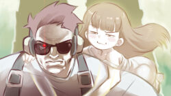 1boy 1girl :3 anatomy_of_a_gamer_(meme) blush child_gf_(orenji) dress elden_ring gamer_(orenji) glowing glowing_eye headphones highres jcm2 looking_at_viewer meme starscourge_radahn sunglasses upper_body