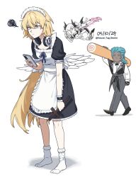 1boy 2girls ashoka_(fate) blonde_hair blue_hair butler cellphone closed_eyes cross demon_horns fate/grand_order fate_(series) green_eyes headphones highres horns house_tag_denim jeanne_d&#039;arc_(fate) lilith_(fate) maid metatron_jeanne_(fate) multiple_girls one_eye_closed phone pink_hair smartphone twitter_username white_hair yellow_eyes