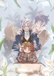 3boys age_comparison allen_walker blue_coat brown_cloak brown_coat brown_gloves brown_hair brown_pants buttons checkered_cloak child clenched_teeth cloak coat coffin collared_cloak collared_coat collared_shirt colored_extremities crying d.gray-man dual_persona facial_mark floating_clothes flower front_zipper fruitsjellies gloves grey_background hair_between_eyes hand_on_another&#039;s_ear hand_on_another&#039;s_head hand_on_another&#039;s_shoulder highres long_sleeves looking_at_another looking_down male_focus messy_hair multiple_boys nea_d_campbell noah_(d.gray-man) open_mouth pants pink_cloak purple_eyes purple_hair red_ribbon ribbon scar scar_across_eye scar_on_face shadow shirt short_hair sidelocks signature star_(symbol) star_facial_mark streaming_tears striped_cloak striped_clothes sweat sweatdrop tears teeth time_paradox trench_coat twitter_username vertical-striped_clothes white_flower white_hair white_shirt yellow_eyes zipper