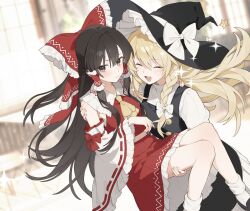 2girls :d ^_^ ascot black_hair black_hat black_shoes black_skirt black_vest blonde_hair blush bow braid carrying carrying_person closed_eyes closed_mouth commentary detached_sleeves frilled_bow frilled_hair_tubes frills hair_bow hair_tubes hakurei_reimu hand_on_another&#039;s_shoulder hand_on_another&#039;s_thigh hashtag-only_commentary hat hat_bow hat_ornament highres kirisame_marisa long_hair multiple_girls open_mouth princess_carry puffy_short_sleeves puffy_sleeves rcs_4 red_bow red_shirt red_skirt ribbon-trimmed_sleeves ribbon_trim shirt shoes short_sleeves side_braid single_braid skirt sleeveless sleeveless_shirt smile socks star_(symbol) star_hat_ornament touhou vest white_bow white_shirt white_sleeves white_socks wide_sleeves witch_hat yellow_ascot yuri