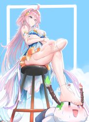 1girl absurdres airani_iofifteen alternate_breast_size barefoot breasts cleavage crossed_arms crossed_legs feet highres hololive large_breasts long_hair pink_hair purple_eyes sitting smile soles solo stool the_raineman toes virtual_youtuber