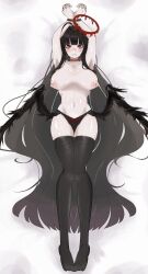 1girl akatsuki_sana arms_up black_hair black_panties black_thighhighs black_wings blood blood_halo blue_archive blush bound bound_wrists breasts breasts_apart commentary_request halo highres large_breasts liquid_halo long_hair low_wings lying navel nipples on_back pale_skin panties red_eyes solo thighhighs tsurugi_(blue_archive) underwear very_long_hair wings