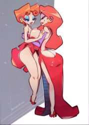 Rule 34 | 2girls, artist name, ass, blue eyes, breasts, butt crack, cleavage, commentary, disabledfetus, dress, earrings, elbow gloves, english commentary, eye contact, full body, gloves, green eyes, hair over one eye, height difference, high heels, highres, huge breasts, jessica rabbit, jewelry, lauren phillips lifting alice merchesi (meme), lifting person, lips, lipstick, little red riding hood (fairy tale), little red riding hood (fairy tale character), long hair, looking at another, makeup, mascara, medium breasts, meme, multiple girls, orange hair, red dress, shoes, short hair, simple background, smile, standing, twitter username, white background, who framed roger rabbit, yuri