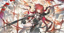 1girl antenna_hair arknights black_gloves black_jacket black_shoes breasts cropped_jacket dress exusiai_(arknights) exusiai_the_new_covenant_(arknights) fingerless_gloves gloves green_eyes gun halo highres holding holding_gun holding_weapon hood hooded_jacket jacket light_machine_gun machine_gun medium_breasts medium_hair one_side_up shoes smile solo sqloveraven star_(symbol) statue thighhighs three-quarter_sleeves weapon white_dress white_thighhighs wide_sleeves wings