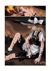Rule 34 | absurdres, after battle, apron, bandaged arm, bandaged hand, bandages, black hat, black pants, black vest, bleeding, blonde hair, blood, blood on arm, blood on face, blood on leg, bow, braid, breasts, corpse, drinking, fire, frilled hat, frills, hair bow, hat, hat bow, highres, hirano kouta (style), kirisame marisa, long hair, mini-hakkero, open mouth, pants, ryoan (voyagehermitage), shirt, shorts, single braid, sitting, skirt, small breasts, test tube, torn clothes, torn shirt, torn shorts, touhou, turtleneck, vest, waist apron, white apron, white shirt, witch hat, yellow eyes