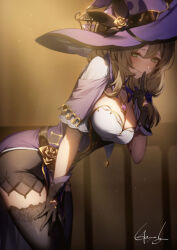 1girl bent_over black_gloves black_thighhighs blush breasts brown_hair closed_mouth from_side genshin_impact genyaky gloves green_eyes hand_up hat highres large_breasts large_hat lisa_(genshin_impact) looking_at_viewer looking_to_the_side medium_hair purple_hat signature solo thighhighs thighs witch_hat