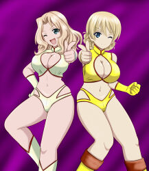 2girls ;) ;d armlet blonde_hair blue_eyes boots bracelet braid breasts cleavage cleavage_cutout clenched_hand closed_mouth clothing_cutout cosplay cowboy_shot crossover darjeeling_(girls_und_panzer) dirty_pair eyes_visible_through_hair girls_und_panzer gloves hair_between_eyes hair_intakes hand_on_own_hip highres jewelry kay_(girls_und_panzer) kei_(dirty_pair) kei_(dirty_pair)_(cosplay) large_breasts light_smile long_hair looking_at_viewer megi2009 midriff multiple_girls nape_braid one_eye_closed open_mouth pointing pointing_at_viewer purple_background single_glove sleeveless smile standing thighs twin_braids upper_body white_boots white_gloves yellow_boots yellow_gloves yuri_(dirty_pair) yuri_(dirty_pair)_(cosplay)
