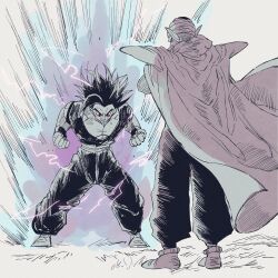 2boys aura black_hair cape dragon_ball dragon_ball_super dragon_ball_super_super_hero lightning master_and_apprentice master_and_pupil multiple_boys muscular muscular_male namekian piccolo powering_up red_eyes son_gohan spiked_hair sweat training