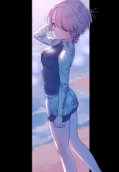 Rule 34 | 1girl, arimura mao, beach, blue eyes, breasts, feet out of frame, from side, gakuen idolmaster, hand in own hair, highres, idolmaster, light smile, long sleeves, looking back, medium breasts, outdoors, pillarboxed, pink hair, rash guard, short hair, sidelighting, solo, swimsuit, yoshimi kaho