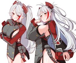 1girl absurdres azur_lane black_gloves breasts buttons cross dress gloves grey_dress highres long_hair looking_at_viewer moyoron multicolored_hair prinz_eugen_(azur_lane) solo streaked_hair twintails white_background white_hair