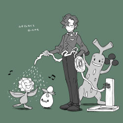 1boy bags_under_eyes batabiru brassius_(pokemon) bright_pupils closed_eyes creatures_(company) game_freak gen_2_pokemon green_background hose limited_palette musical_note nintendo o_o open_mouth pants plant pokemon pokemon_(creature) pokemon_sv shoes simple_background smile smoliv spiked_hair sudowoodo sunflora sweat vines watering wavy_hair wavy_mouth white_pupils