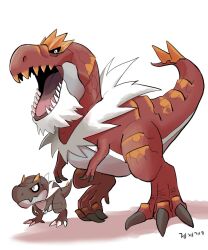 black_claws black_sclera colored_sclera digitigrade dinosaur evolutionary_line feathers gegegekman gen_6_pokemon looking_at_viewer nintendo no_humans nostrils open_mouth pokemon pokemon_(creature) scales sharp_teeth signature slit_pupils snout spiked_tail tail tail_raised teeth tyrannosaurus_rex tyrantrum tyrunt white_eyes white_fur