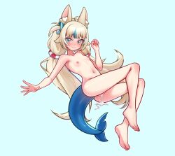1girl absurdres ahoge animal_ear_fluff animal_ears blonde_hair blue_eyes blue_hair blunt_bangs blush cat_ears completely_nude cum cum_in_pussy cumdrip fins fish_girl fish_tail flat_chest highres indie_virtual_youtuber lifebuoy_hair_ornament long_hair looking_at_viewer low_twintails moriforests multicolored_hair nipples nude pussy sameko_saba sidelocks smile solo streaked_hair tail twintails very_long_hair virtual_youtuber