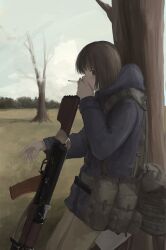 1girl absurdres attamaf866 bare_tree blue_jacket chest_rig cigarette from_side gun highres hood hood_down hooded_jacket jacket original outdoors pants pouch profile rifle sideways_glance smoke smoking solo tree weapon