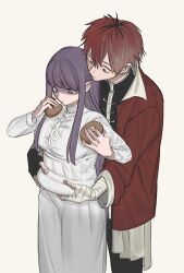 1boy 1girl absurdres bandaged_hand bandages black_gloves breasts closed_mouth commentary couple donut dress eating fern_(sousou_no_frieren) fingerless_gloves food gloves grabbing_another&#039;s_stomach grabbing_from_behind hetero highres holding holding_donut holding_food large_breasts long_hair long_sleeves purple_eyes purple_hair red_eyes red_hair shaded_face simple_background single_glove sousou_no_frieren stark_(sousou_no_frieren) umashio_potechi-san white_dress