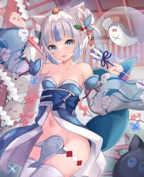 1girl absurdres animal_ear_fluff animal_ears arm_up arrow_(projectile) bare_shoulders bloop_(gawr_gura) blue_eyes blue_hair blue_kimono blunt_bangs blush breasts bug butterfly cat_ears cleavage collarbone detached_sleeves ebi-chan_(gawr_gura) ema fins fish_tail gawr_gura gawr_gura_(new_year) grey_hair hair_ornament hamaya highres hololive hololive_english insect japanese_clothes kimono looking_at_viewer multicolored_hair navel nekopurin_(nyanko_prin) new_year no_panties open_clothes open_kimono open_mouth shark shark_girl shark_tail sharp_teeth shide shrine small_breasts solo streaked_hair tail teeth thighhighs virtual_youtuber white_thighhighs