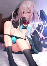 1girl blonde_hair blue_bra blue_panties blush bra braid breasts cardigan covering_own_mouth highres indoors lace lace-trimmed_bra lace-trimmed_panties lace_trim lingerie open_cardigan open_clothes open_shirt original panties panty_pull red_eyes red_nails sitting skirt small_breasts solo underwear yoye_(pastel_white)