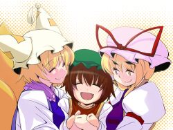 3girls :d blonde_hair brown_hair chen closed_eyes closed_mouth commentary_request dress fang fox_girl fox_tail green_hat halftone halftone_background hat hat_ribbon hug juliet_sleeves long_hair long_sleeves mob_cap mori_shin_risuku multiple_girls multiple_tails open_mouth pink_hat puffy_sleeves red_ribbon red_vest ribbon short_hair smile tail touhou upper_body vest white_background white_dress white_hat yakumo_ran yakumo_yukari yellow_eyes