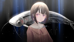 1girl absurdres animal brown_hair catfish closed_mouth collared_shirt english_text expressionless fish high_collar highres ikanoshiokara light_rays orange_shirt original purple_eyes shirt short_hair sidelocks solo upper_body