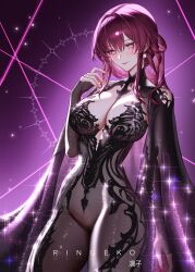 1girl alternate_costume artist_name black_cape black_dress blush breasts cape chronopattern_dress cleavage closed_mouth commentary cowboy_shot dress earrings fingernails hand_up highres honkai:_star_rail honkai_(series) jewelry kafka_(honkai:_star_rail) large_breasts long_hair looking_down meme_attire no_pupils purple_background purple_eyes purple_hair ringeko-chan sidelocks smile solo