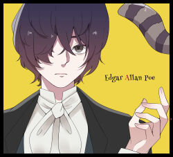 1boy animal black_border border brown_hair bungou_stray_dogs character_name edgar_allan_poe_(bungou_stray_dogs) expressionless grey_eyes hair_between_eyes hair_over_one_eye hand_up highres jacket kkknave0x0 long_sleeves male_focus neckerchief out_of_frame parted_lips raccoon shirt short_hair simple_background solo white_neckerchief white_shirt yellow_background