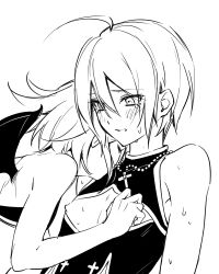 2boys ahoge bare_shoulders blush cross cross_necklace danganronpa_(series) danganronpa_v3:_killing_harmony demon_boy demon_wings ewa_(seraphhuiyu) flipped_hair greyscale hair_between_eyes jewelry male_focus monochrome multiple_boys necklace nipples oma_kokichi saihara_shuichi short_hair sweat teeth wings yaoi