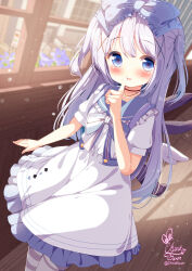 1girl artist_name asymmetrical_legwear black_choker blue_bow blue_eyes blue_hair blush bow chinomaron choker cowboy_shot dress frilled_dress frills gochuumon_wa_usagi_desu_ka? hair_bow hair_ornament heart heart-shaped_pupils highres index_finger_raised indoors kafuu_chino long_hair mismatched_legwear open_mouth short_sleeves signature smile solo striped_clothes striped_thighhighs symbol-shaped_pupils thighhighs twitter_username white_dress x_hair_ornament