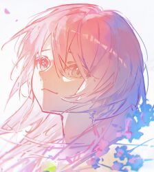 1girl absurdres bang_dream! bang_dream!_it&#039;s_mygo!!!!! chihaya_anon chinese_commentary closed_mouth commentary_request falling_petals grey_eyes hair_between_eyes highres kanato04249580 long_hair petals pink_hair portrait simple_background solo white_background