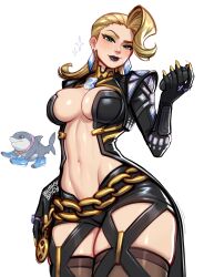 1girl artist_name black_lips blonde_hair blue_eyes blush blushyspicy breasts chain commentary cowboy_shot emma_frost emma_frost_(x-revolution) english_commentary eyeshadow highres jeff_(marvel) large_breasts looking_at_viewer makeup marvel marvel_rivals navel official_alternate_costume shark simple_background skindentation solo_focus thick_thighs thighhighs thighs white_background yellow_eyeshadow