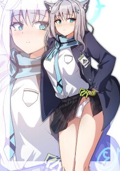 Rule 34 | 1girl, absurdres, animal ear fluff, animal ears, black jacket, black skirt, blazer, blue archive, blue eyes, blue halo, blue necktie, blue scarf, breast pocket, closed mouth, clothes lift, cross, cross hair ornament, gloves, green gloves, grey hair, hair between eyes, hair ornament, halo, highres, inverted cross, jacket, lifting own clothes, light blush, looking at viewer, medium hair, mismatched pupils, necktie, open clothes, open jacket, panties, plaid clothes, plaid skirt, pleated skirt, pocket, scarf, school uniform, shiroko (blue archive), skirt, skirt lift, solo, to (tototo tk), underwear, white panties, wolf ears, wolf girl, zoom layer