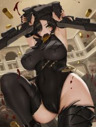 Rule 34 | 1girl, armpits, bare shoulders, black footwear, black hair, black leotard, black survival, black thighhighs, blood, breasts, covered navel, curvy, dual wielding, eating, elbow sleeve, green eyes, gun, handgun, high heels, holding, holding gun, holding weapon, indoors, large breasts, leotard, letdie1414, mole, mole under eye, rozzi (black survival), shell casing, short hair, thighhighs, thighs, weapon