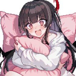 Rule 34 | 1girl, :d, bags under eyes, black hair, black wings, blood, blood halo, blue archive, blush, commentary, cushion, halo, holding cushion, liquid halo, long sleeves, melting halo, open mouth, pixel art, red eyes, red halo, shirt, simple background, smile, tinia etru, tsurugi (blue archive), white background, white shirt, wings