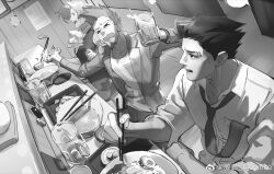 Rule 34 | &gt; &lt;, 3boys, ace attorney, ajowhite, alcohol, ascot, beer, beer mug, bowl, chinese commentary, chopsticks, collared shirt, commentary request, cup, greyscale, hair slicked back, highres, holding, holding chopsticks, indoors, jacket, larry butz, male focus, miles edgeworth, monochrome, mug, multiple boys, open clothes, open jacket, open mouth, outstretched arms, phoenix wright, shirt, short hair, sitting, spread arms, sweat, watermark, weibo watermark