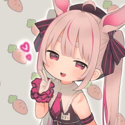 Rule 34 | 1girl, animal ears, armband, black armband, black hat, black shirt, blush, carrot, gloves, hat, indie virtual youtuber, long hair, looking at viewer, necktie, no nose, open mouth, pink eyes, pink hair, pink necktie, rabbit ears, shirt, solo, thick eyebrows, tomari mari, twintails, virtual youtuber, zudzuki