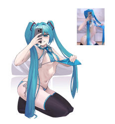 1girl absurdres bikini black_thighhighs blue_bikini blue_eyes blue_hair blue_necktie blush breasts cellphone commentary drizzlewashere english_commentary full_body hatsune_miku highres holding holding_necktie holding_phone kneeling long_hair looking_at_viewer medium_breasts navel necktie open_mouth phone photo-referenced photo_inset reference_inset selfie side-tie_bikini_bottom simple_background smartphone smile striped_bikini striped_clothes swimsuit thighhighs twintails vocaloid white_background