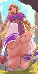 1girl absurdres barefoot blonde_hair blue_eyes blue_sky blurry blush bracelet breasts closed_mouth commentary_request curtained_hair day dress feet foot_focus forehead_jewel from_below gold_bracelet grass headband highres ishijimajirou jewelry large_breasts looking_at_viewer looking_down mushroom necklace nintendo outdoors pointy_ears princess_zelda purple_tabard shoulder_pads sky smile soles solo steaming_body super_smash_bros. sweat tabard the_legend_of_zelda the_legend_of_zelda:_a_link_between_worlds the_legend_of_zelda:_a_link_to_the_past tongue tongue_out walking white_dress