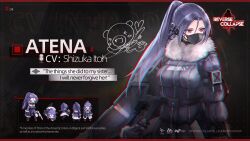Rule 34 | 1girl, atena (bakery girl), character name, chibi, codename: bakery girl, english text, gun, headphones, highres, holding, holding gun, holding weapon, itou shizuka, long hair, mask, mouth mask, official art, ponytail, purple hair, red eyes, reverse collapse (series), signature, solo, weapon, winter clothes