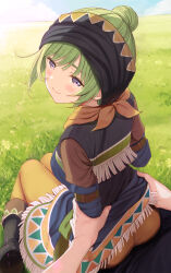 1boy 1girl besma_(romancing_saga_2) boots brown_pants brown_scarf grabbing_another&#039;s_arm grass green_hair hair_bun hand_on_another&#039;s_waist headband highres komone_ushio long_sleeves looking_at_viewer looking_back outdoors pants purple_eyes romancing_saga_2 saga scarf single_hair_bun smile