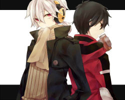 2boys back-to-back black_hair bookcage can coat headphones jacket kagerou_project kisaragi_shintarou konoha_(kagerou_project) letterboxed lowres male_focus multiple_boys open_mouth red_eyes scarf scarf_over_mouth shirt short_hair striped_clothes striped_shirt vocaloid winter_clothes yamaha