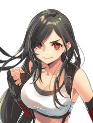 1girl bare_shoulders black_bra black_gloves black_hair bra clenched_hand closed_mouth crop_top earrings elbow_gloves final_fantasy final_fantasy_vii final_fantasy_vii_rebirth final_fantasy_vii_remake fingerless_gloves floating_earrings furrowed_brow gloves hair_behind_ear ito_noizi jewelry long_hair looking_at_viewer midriff red_eyes shirt sleeveless sleeveless_shirt smile solo sports_bra suspenders swept_bangs tifa_lockhart underwear upper_body white_shirt
