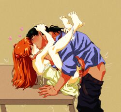 1boy 1girl absurdres age_difference amondetauro black_hair black_pants blue_shirt bra bra_pull breasts clothes_pull dress dress_pull french_kiss hand_on_another&#039;s_neck heart hetero highres interface_headset_(evangelion) kaji_ryouji kiss long_hair low_ponytail male_pubic_hair mature_male missionary neon_genesis_evangelion nipples open_clothes open_shirt orange_hair panties panties_around_ankles pants pants_pull panty_pull penis ponytail pubic_hair sex shirt small_breasts souryuu_asuka_langley uncensored underwear white_bra yellow_dress