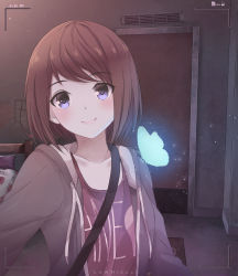 1girl absurdres bed blush brown_hair brown_jacket brown_shirt bug butterfly closed_mouth clothes_writing collarbone commentary_request door drawstring female_focus glowing head_tilt highres hood hood_down hooded_jacket insect jacket lawnielle life_is_strange_(series) life_is_strange_1 max_caulfield open_clothes open_jacket purple_eyes reaching reaching_towards_viewer selfie shirt smile solo upper_body viewfinder