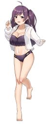 1girl absurdres ahoge barefoot bikini blush breasts brown_eyes full_body garylin hagikaze_(kancolle) highres jacket kantai_collection long_hair looking_at_viewer medium_breasts one_side_up open_mouth purple_bikini purple_hair simple_background smile solo swimsuit white_background white_jacket
