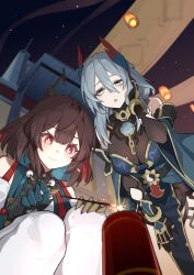 2girls absurdres aqua_pupils blue_hair breasts bright_pupils brown_hair cleavage firecrackers gloves green_eyes grey_eyes grey_hair hair_between_eyes hanya_(honkai:_star_rail) highres honkai:_star_rail honkai_(series) horns lantern long_hair multicolored_eyes multiple_girls night night_sky open_mouth paper_lantern red_eyes sky sky_lantern smile star_(sky) waxgourd white_pupils xueyi_(honkai:_star_rail) yellow_eyes yin_yang