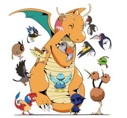 ^_^ archen claws closed_eyes closed_mouth doduo dragonite ducklett fletchinder flying gen_1_pokemon gen_2_pokemon gen_3_pokemon gen_4_pokemon gen_5_pokemon gen_6_pokemon gen_7_pokemon gen_8_pokemon highres holding holding_pokemon hoothoot murkrow natu nintendo no_humans on_head pidgey pidove pikipek pokemon pokemon_(creature) pokemon_focus pokemon_on_head psaber97 rookidee rufflet smile spearow starly taillow wattrel white_background