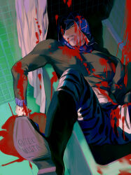 1boy absurdres animal_print bathtub black_sweater blood blood_on_clothes blood_on_face blood_on_hands blood_splatter blue_hat character_name commentary cropped_sweater guido_mista hat highres in_bathtub indoors injury jojo_no_kimyou_na_bouken kou_zhua long_sleeves looking_at_viewer lying male_focus on_back pants parted_lips pool_of_blood print_pants solo spread_legs sweater tiger_print tile_wall tiles vento_aureo