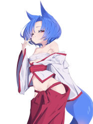 1girl absurdres animal_ears blue_hair breasts chest_sarashi closed_mouth commentary fox_ears fox_girl fox_tail half-closed_eyes highres japanese_clothes long_sleeves looking_at_viewer miya_(myakuro) myakuro original red_eyes sarashi short_hair simple_background small_breasts solo tail white_background