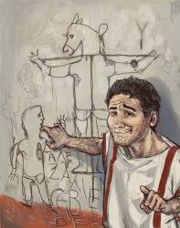 1boy alexamenos_graffito beard_stubble black_eyes black_hair crucifixion donkey facial_hair graffiti greco-roman_clothes greek_text grin highres jesus male_focus mossacannibalis pointing pointing_at_viewer real_life roman_clothes short_hair smile smug solo stubble