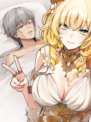 1boy 1girl aglaea_(honkai:_star_rail) bare_shoulders bed blonde_hair breast_tattoo breasts caelus_(honkai:_star_rail) cleavage closed_mouth colored_inner_hair commentary dress foxyreine green_eyes grey_hair guy_tired_after_sex_(meme) head_wreath highres honkai:_star_rail honkai_(series) large_breasts looking_at_viewer meme multicolored_hair pillow short_hair signature smile tattoo trailblazer_(honkai:_star_rail) under_covers v watermark web_address white_dress