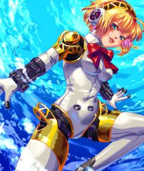 1girl absurdres aigis_(persona) android blonde_hair blue_eyes bow bowtie breasts commentary english_commentary gamusaur hairband headphones highres joints lips looking_at_viewer medium_breasts parted_lips persona persona_3 pink_lips red_bow red_bowtie ribbon robot_ears robot_girl robot_joints short_hair smile solo sparkle water